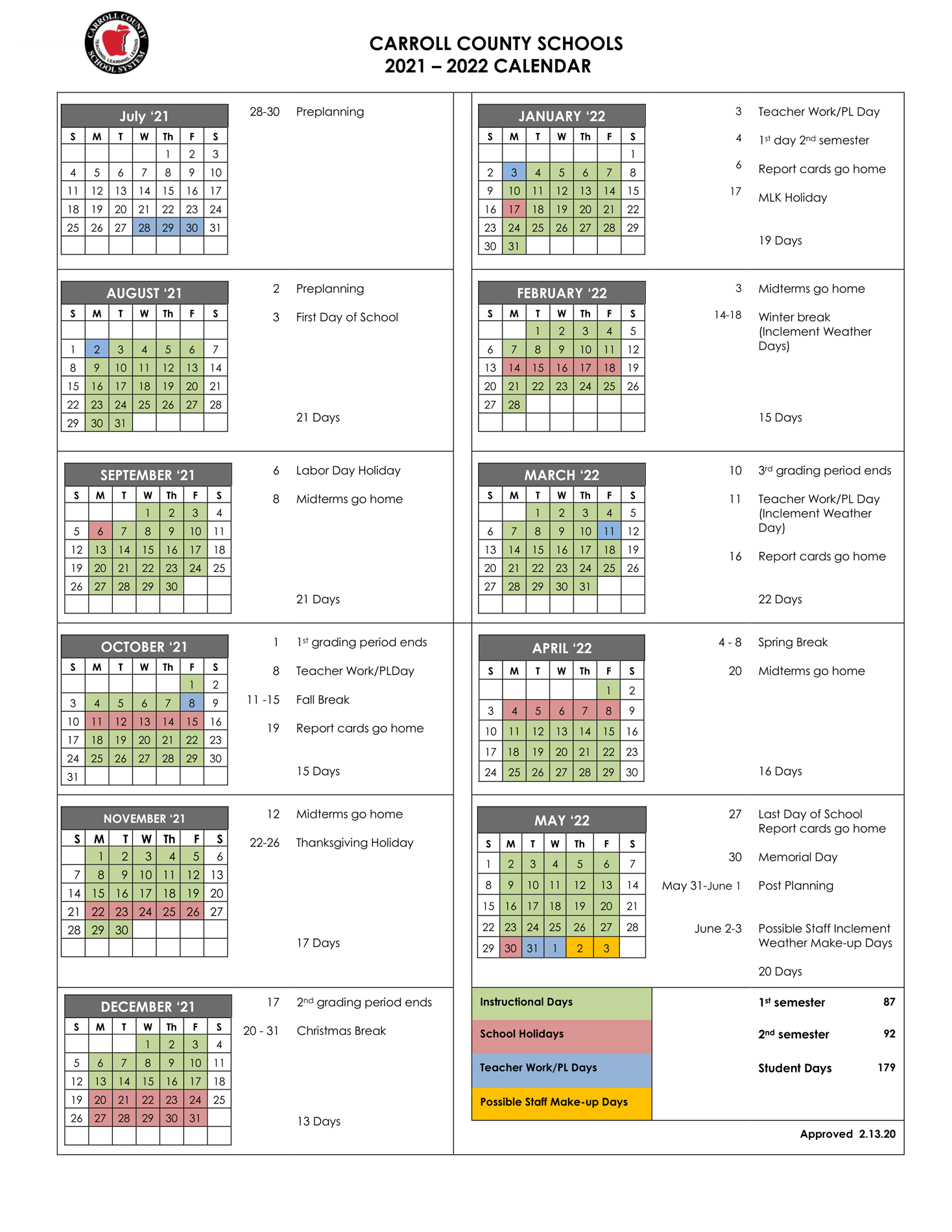 Carroll County Schools Calendar