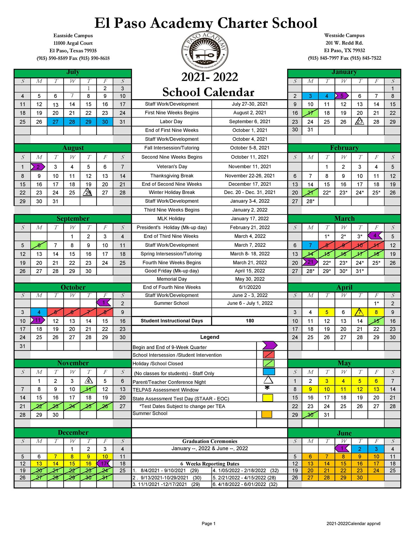 Calendar El Paso Academy Charter School