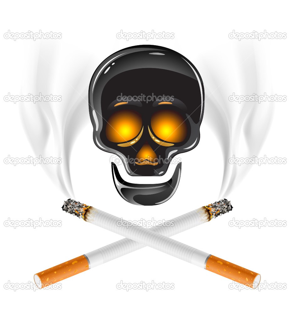 Skull with two cigarettes burnng
