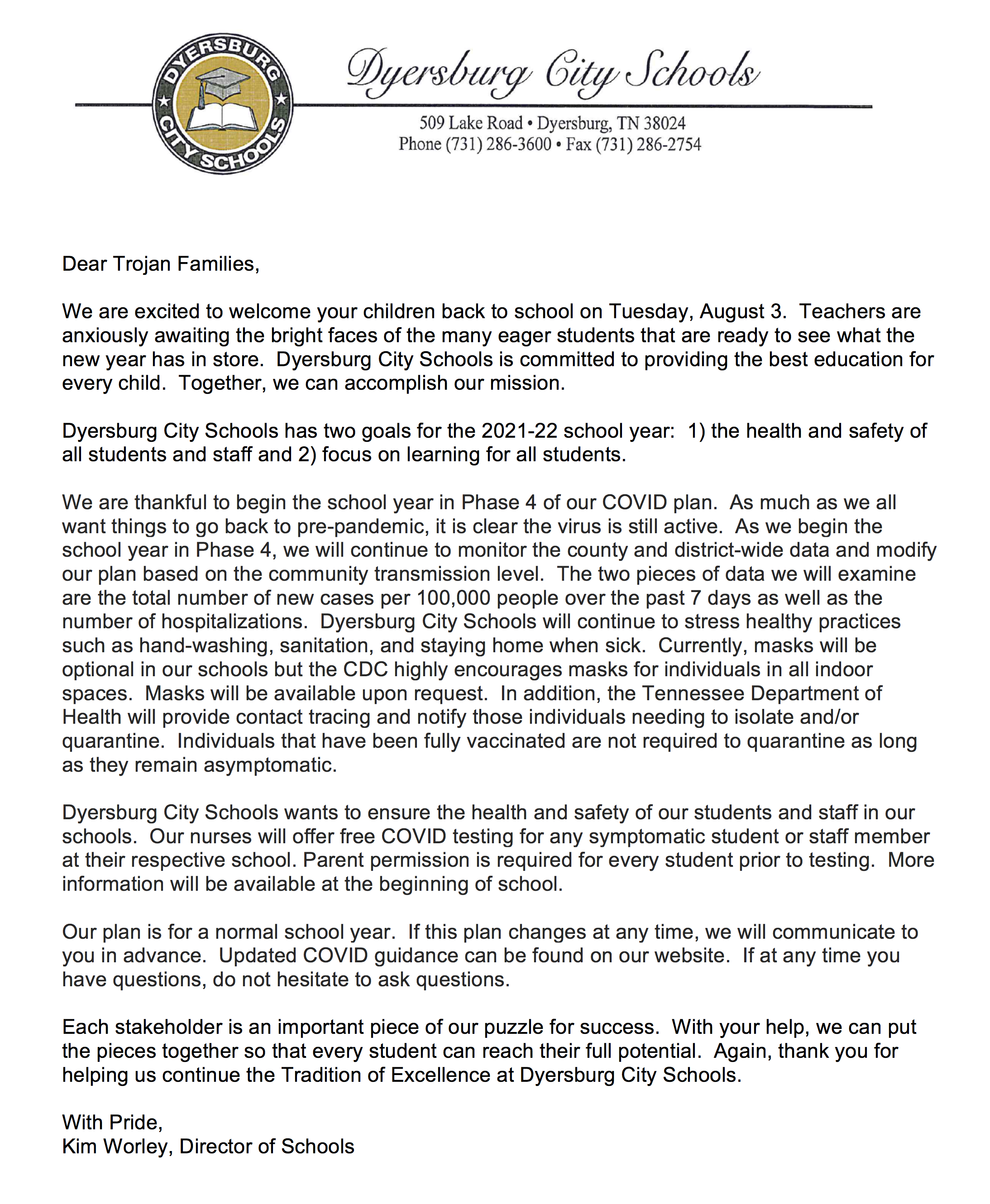 July 29, 2021 Letter from Kim Worley July 29, 2021 Letter from Kim Worley