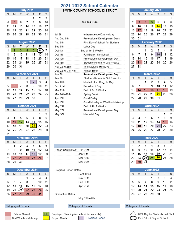 Mississippi State Academic Calendar 2022 2021-2022 School Year Calendar - Smith County School District
