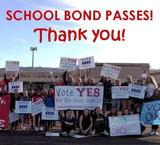 School Bond Passes! Students holding signs in front of a school