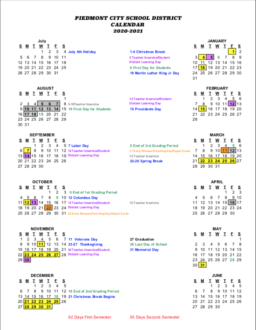 District 93 Calendar 2022 Piedmont City School District 2020-2021 Calendar - Piedmont Middle School