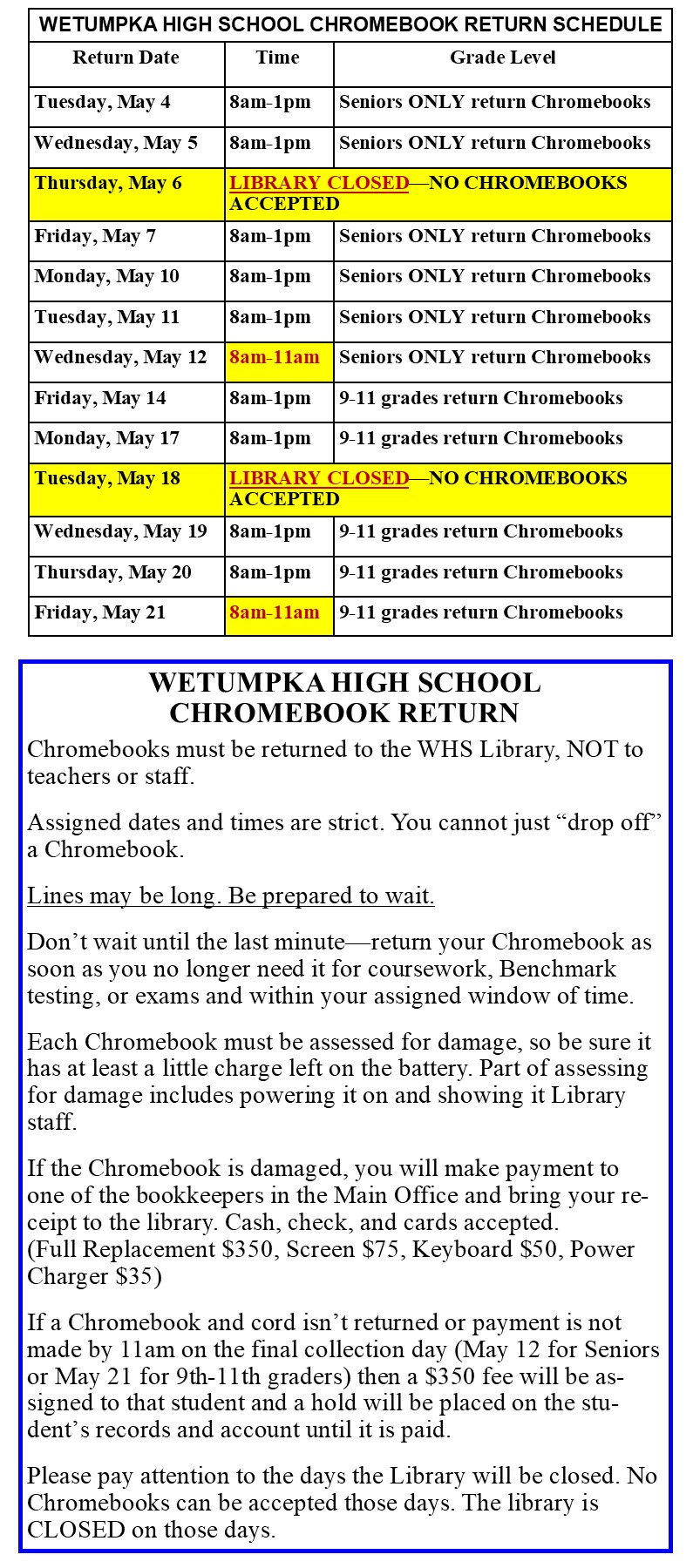 Chromebook Return Schedule Chromebook Return Schedule