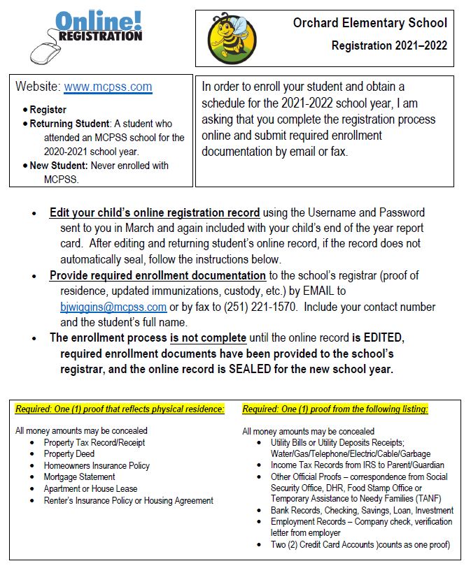 Mcpss Calendar 2022 2021-2022 Registration Information - Orchard Elementary School