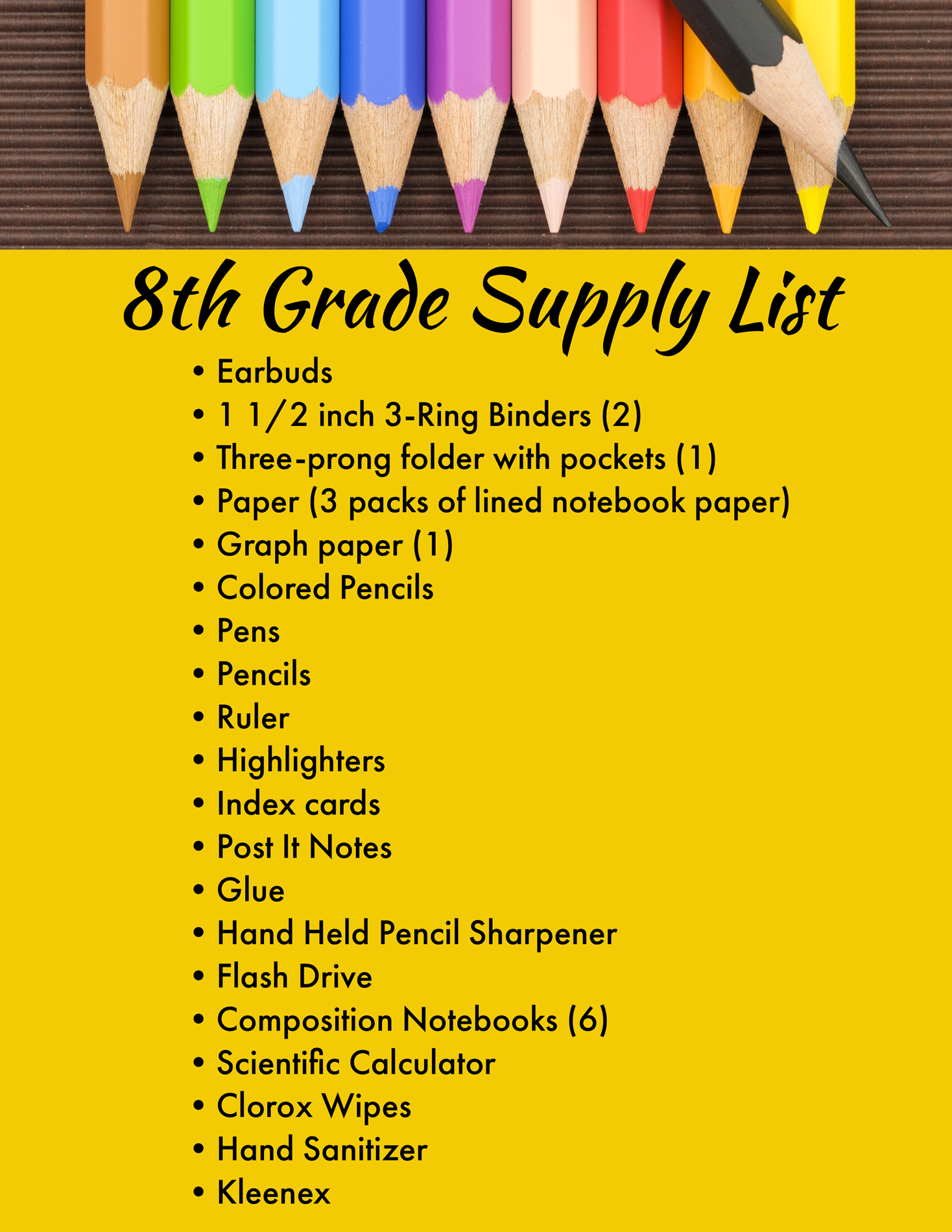 Middle School Supply List 8th Grade