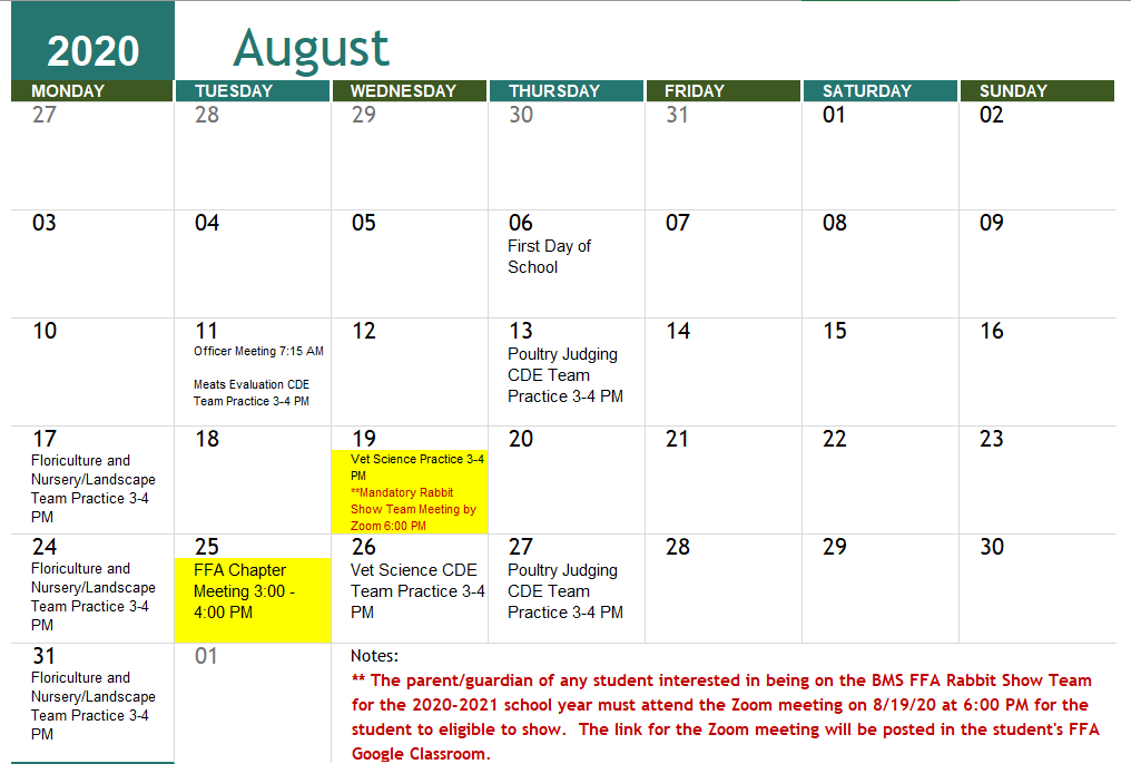August 2020 BMS FFA Calendar of Events August 2020 BMS FFA Calendar of Events