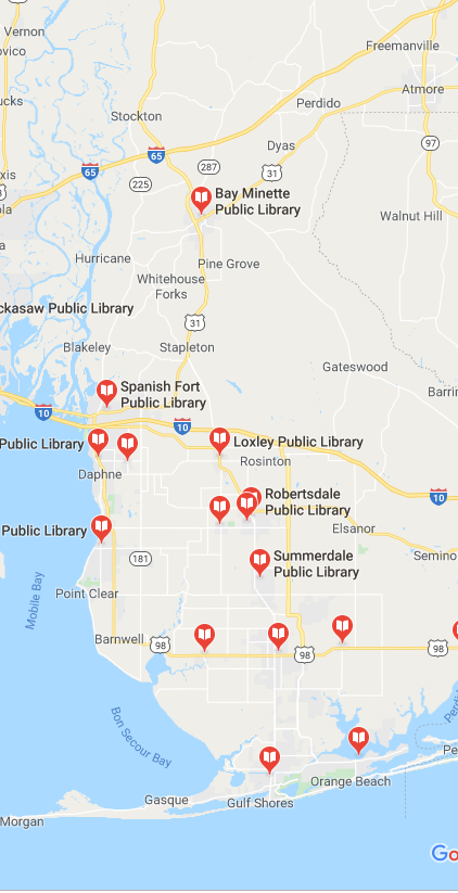 Google Map with Baldwin County, Alabama outline in red and the Baldwin County Library Cooperative locations marked