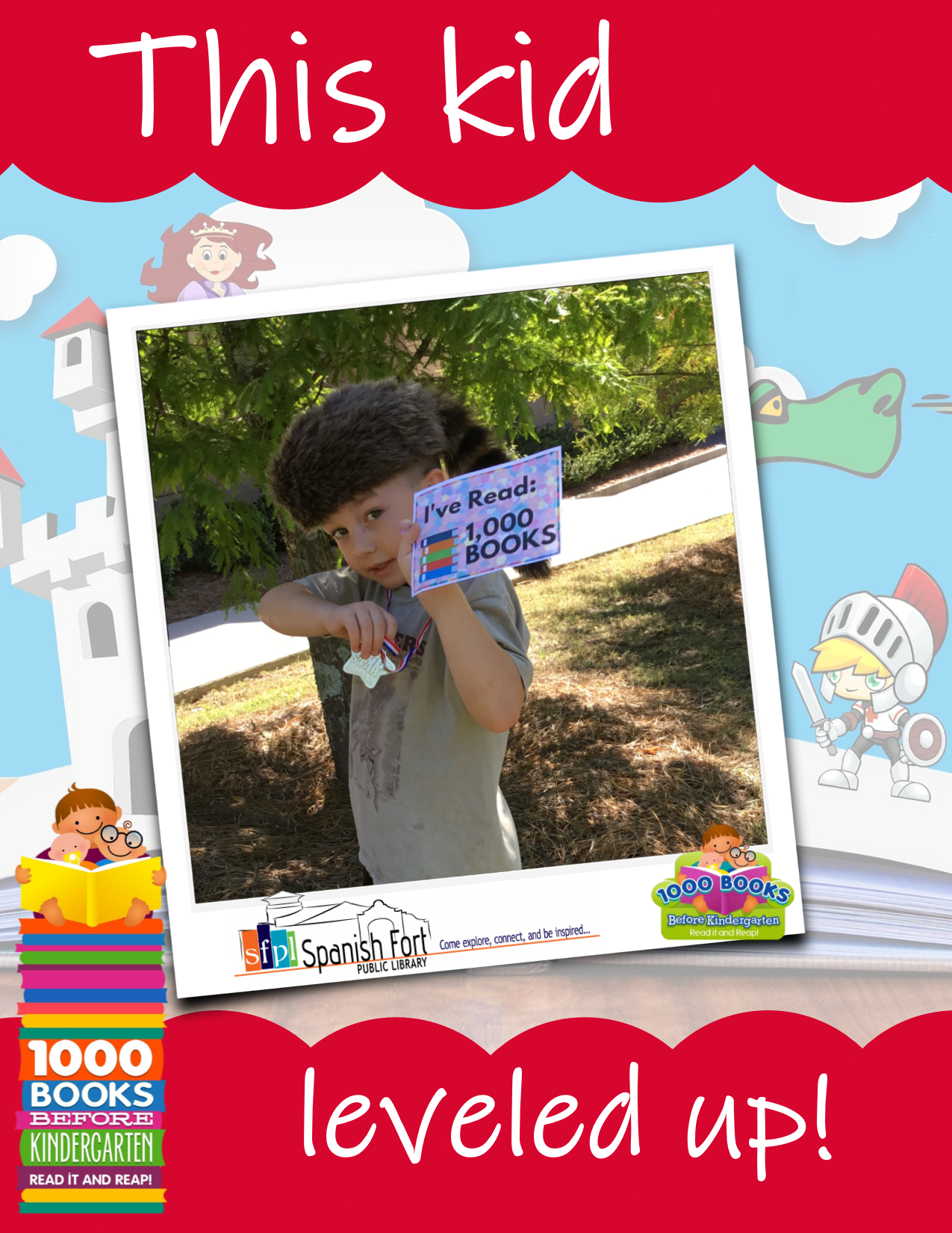 Photo of a child with a "I read 1000 books" certificate and a medal on a ribbon around their neck in a frame with the 1000 Books logo and the Spanish Fort Public Library logo