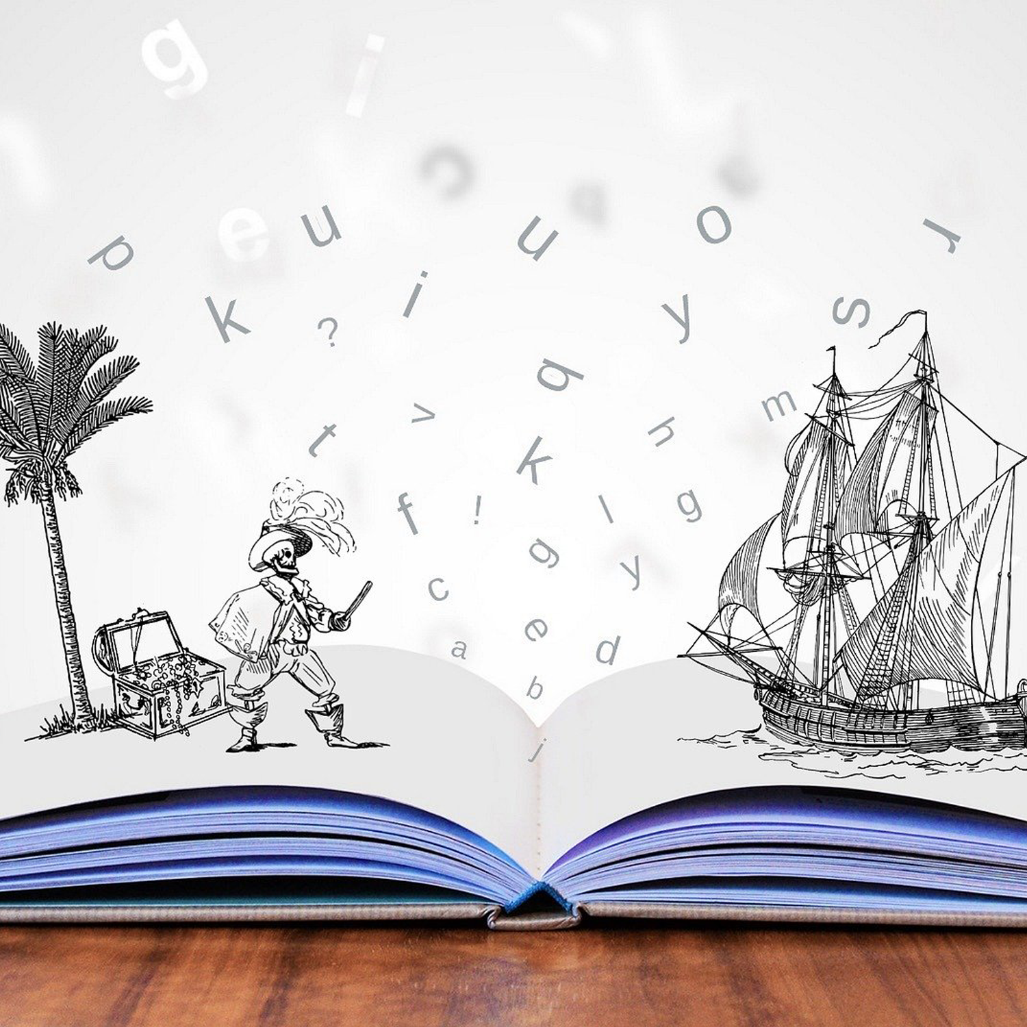 open book with pirate ship and island