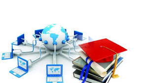 picture of laptops connected to a globe with graduation cap