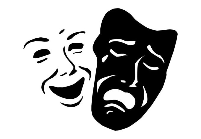 black and white theater masks depicting comedy and drama